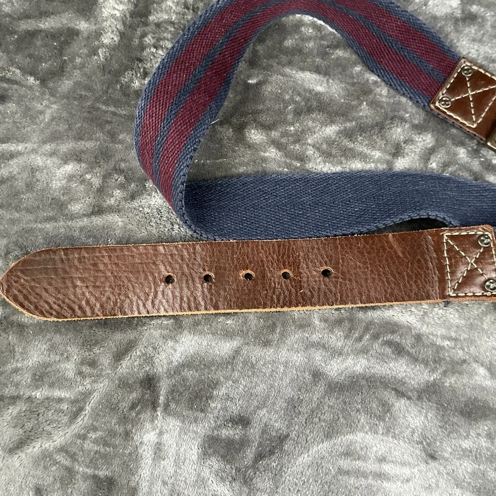 Vintage Aeropostale Navy Striped Canvas & Brown Leather Men's Belt Size 40 (?)